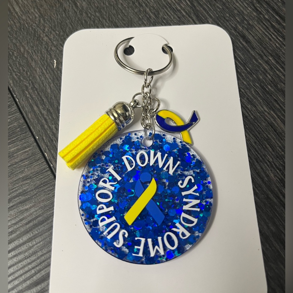 Hand crafted Down Syndrome Awareness blue and yellow keychain